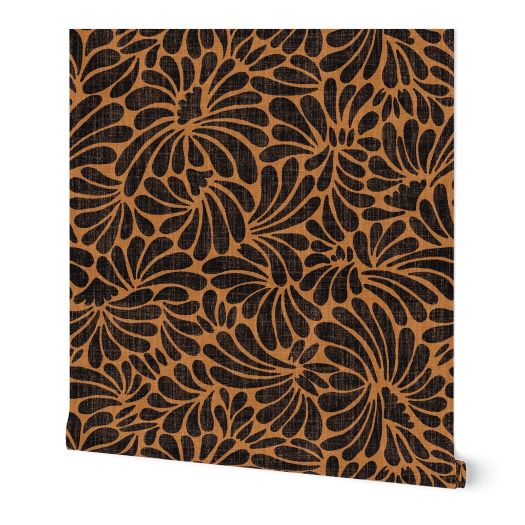 large water flower splash in black on ochre with linen texture