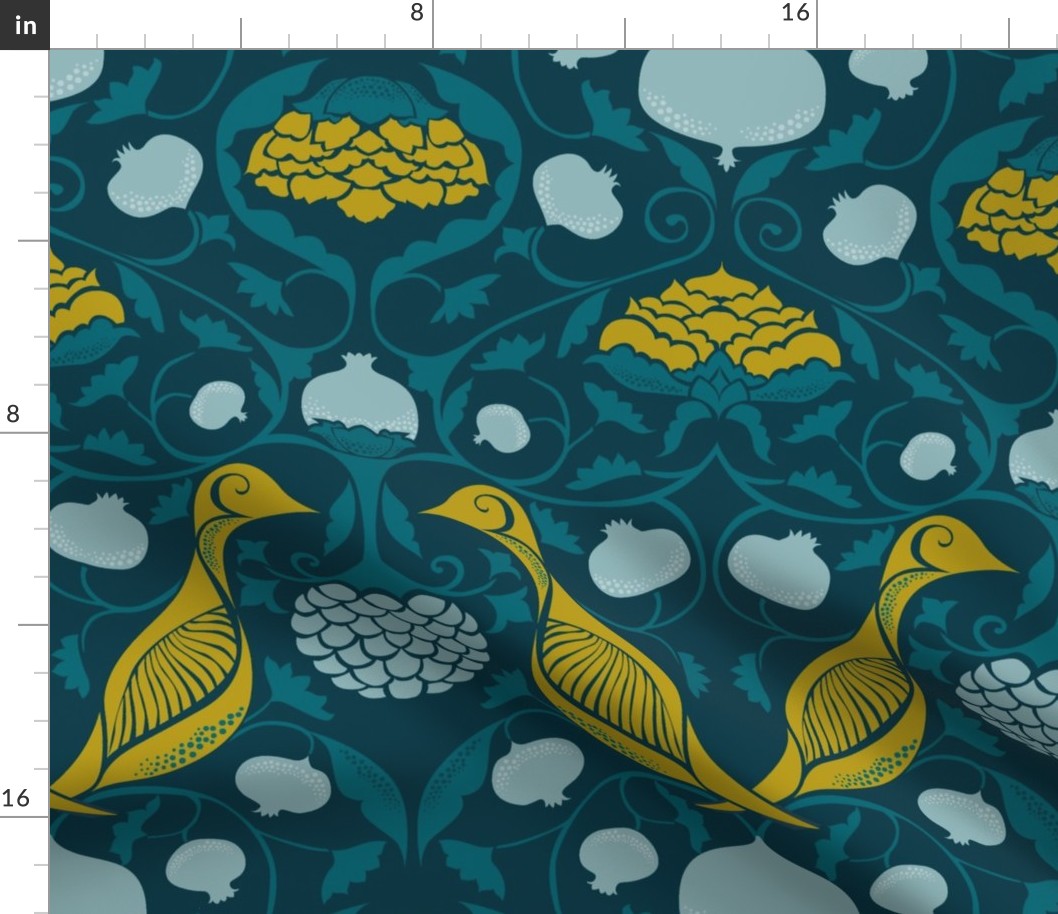 Partridges and Pomegranates {Teal/Citrine PMS457}