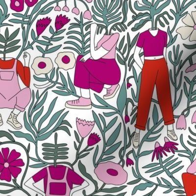 plant lady fabric - plant mom,  plants wallpaper, plant wallpaper, lush tropical wallpaper, tropical fabric, ferns, cool trendy wallpaper, - red purple