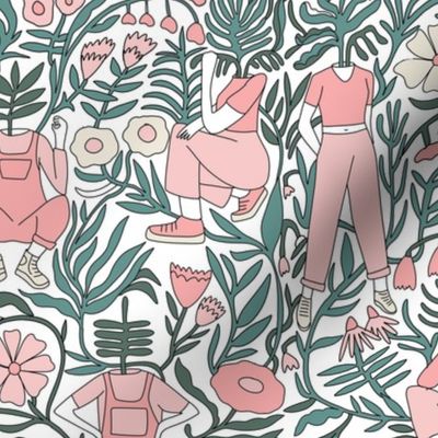 plant lady fabric - plant mom,  plants wallpaper, plant wallpaper, lush tropical wallpaper, tropical fabric, ferns, cool trendy wallpaper, - pink white