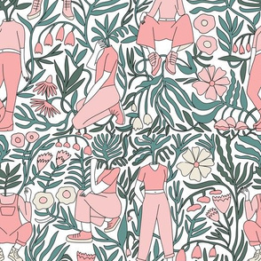 plant lady fabric - plant mom,  plants wallpaper, plant wallpaper, lush tropical wallpaper, tropical fabric, ferns, cool trendy wallpaper, - pink white