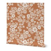 woodcut floral fabric - caramel sfx1346 block print wallpaper, woodcut wallpaper, linocut florals, home decor fabric, muted earth tones fabric