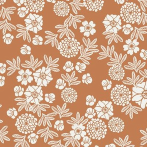 woodcut floral fabric - caramel sfx1346 block print wallpaper, woodcut wallpaper, linocut florals, home decor fabric, muted earth tones fabric