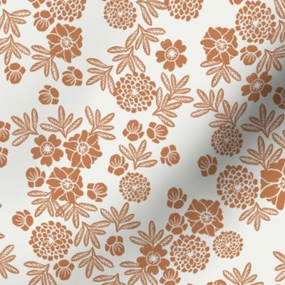 woodcut floral fabric - caramel sfx1346 block print wallpaper, woodcut wallpaper, linocut florals, home decor fabric, muted earth tones fabric