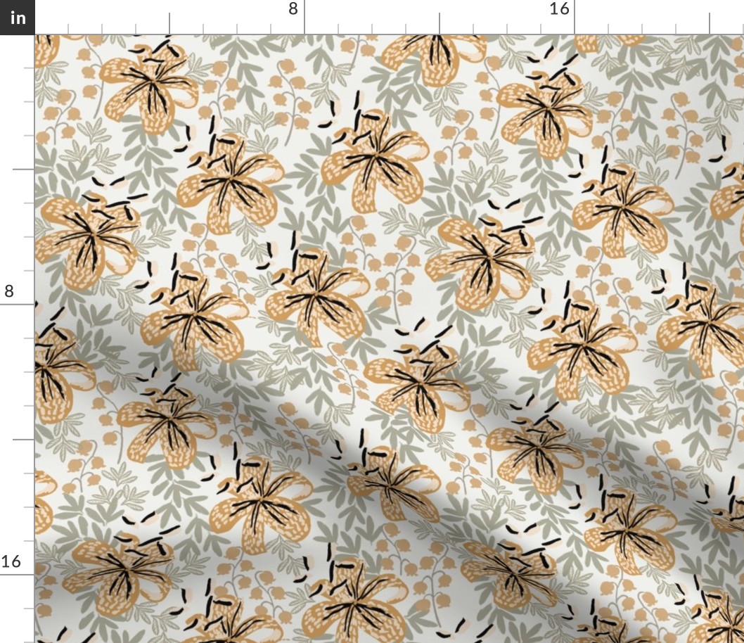 lily oak leaf wheat sage stargazer lily fabric - sfx0110, sfx1144, sfx1225 - home decor fabric, lily wallpaper, interior florals - lily fabric, lily wallpaper