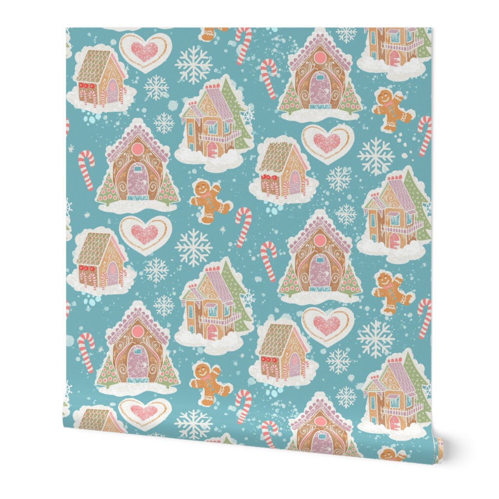 Gingerbread Houses Teal Background