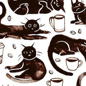 Gouache Black Cats & Coffee  (Large Version) 