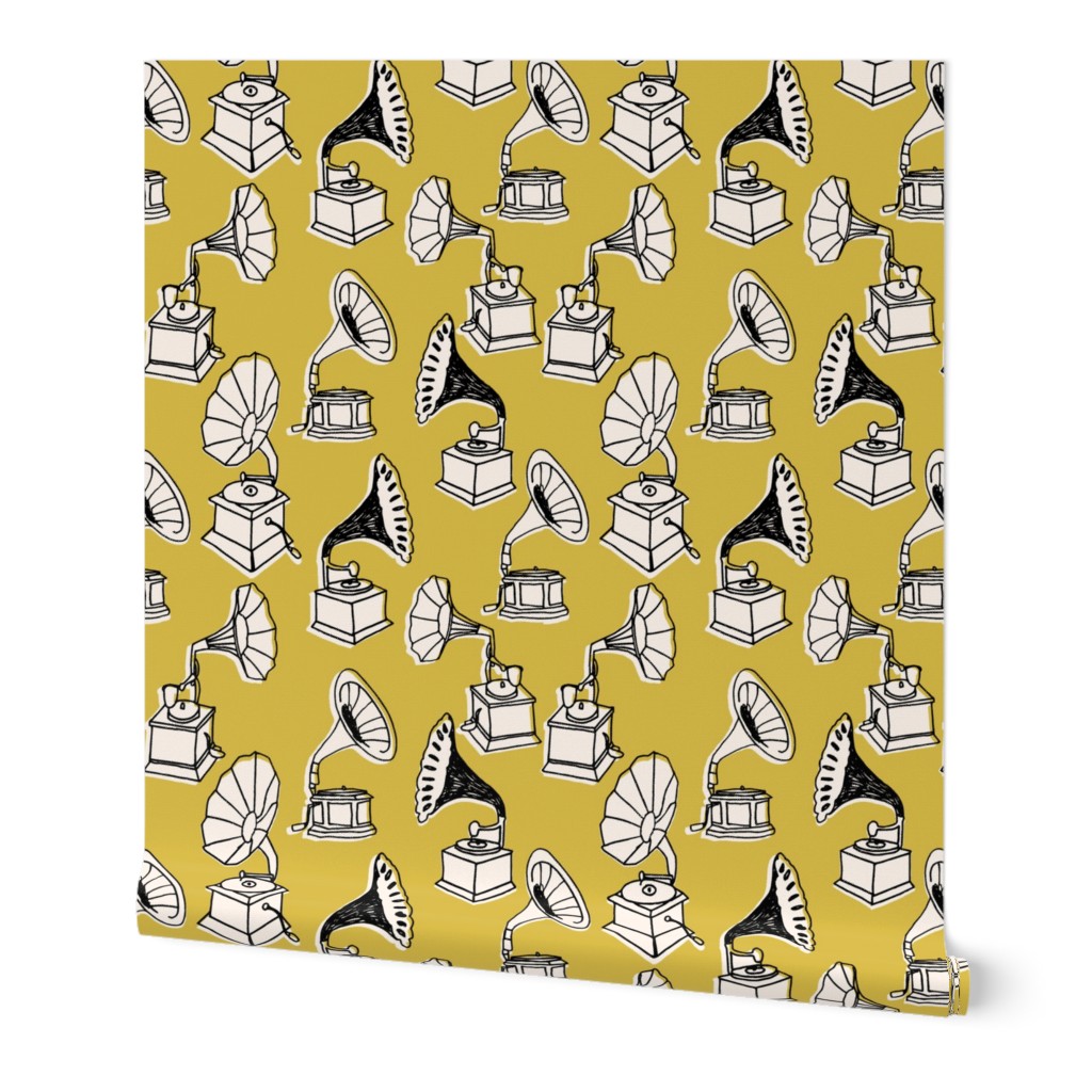 Phonograph // mustard yellow hand-drawn vintage illustration