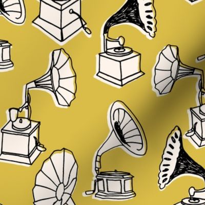 Phonograph // mustard yellow hand-drawn vintage illustration