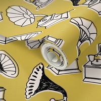 Phonograph // mustard yellow hand-drawn vintage illustration