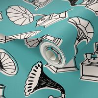 Phonograph // turquoise vintage hand-drawn vinyl record player