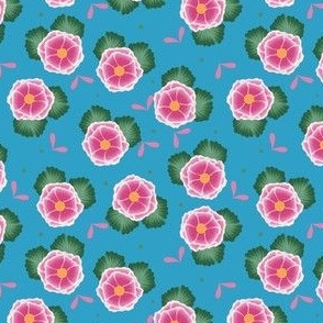 Pink and Green Flowers on Blue // 4x4