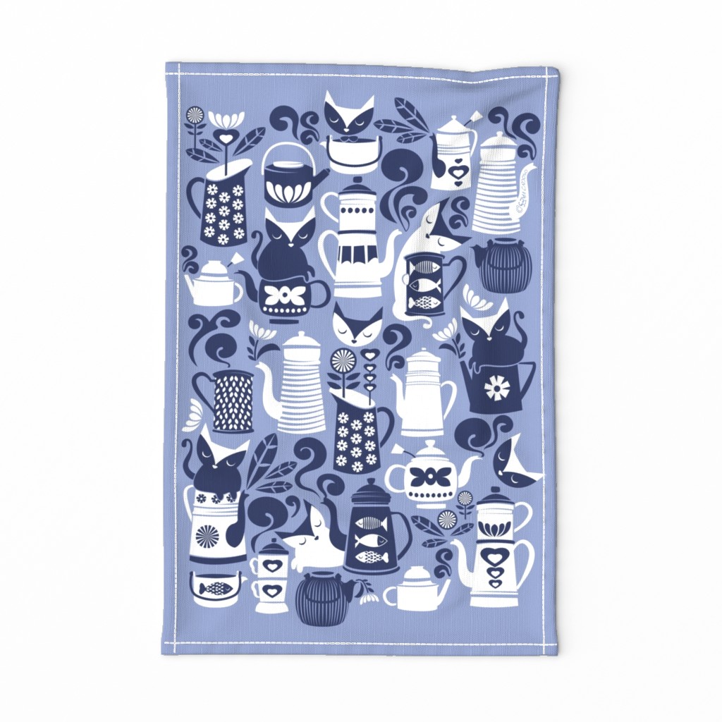 Folk Tea Invitation Tea Towel // pale blue marine blue and white cats