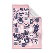 Folk Tea Invitation Tea Towel // pastel pink marine blue and white cats