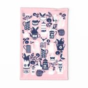 Folk Tea Invitation Tea Towel // pastel pink marine blue and white cats
