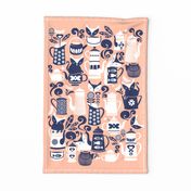 Folk Tea Invitation Tea Towel // flesh marine blue and white cats