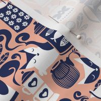 Small scale // Folk Tea Invitation // flesh marine blue and white cats