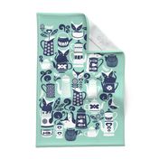 Folk Tea Invitation Tea Towel // mint marine blue and white cats