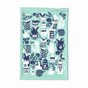 Folk Tea Invitation Tea Towel // mint marine blue and white cats