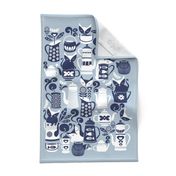 Folk Tea Invitation Tea Towel // grey marine blue and white cats