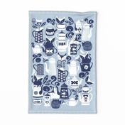 Folk Tea Invitation Tea Towel // grey marine blue and white cats