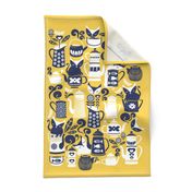 Folk Tea Invitation Tea Towel // yellow marine blue and white cats