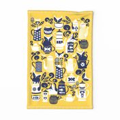 Folk Tea Invitation Tea Towel // yellow marine blue and white cats