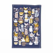 Folk Tea Invitation Tea Towel // marine blue background taupe yellow mustard and white cats