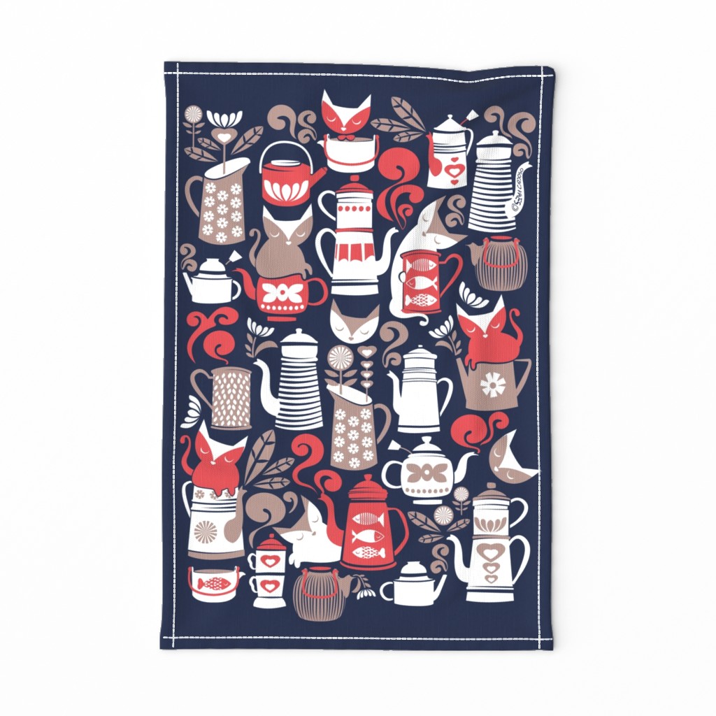 Folk Tea Invitation Tea Towel // navy blue background taupe red and white cats