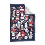 Folk Tea Invitation Tea Towel // navy blue background taupe red and white cats