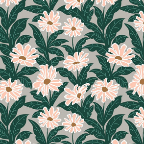 Pink Daisies in Green Foliage  Grey Background