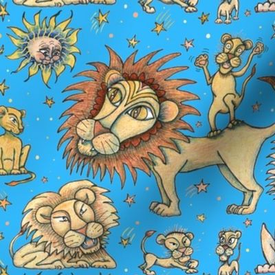 Leo the lion zodiac astrology sun sign, large scale, blue yellow orange