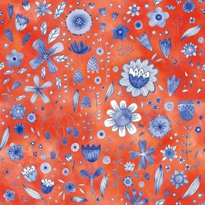 Indigo Watercolor Flowers on Coral Small