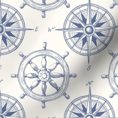 Vintage Nautical Navigation Tools: Ship Captain's Wheel and Compass - Large Size, Blue Nova on Cream