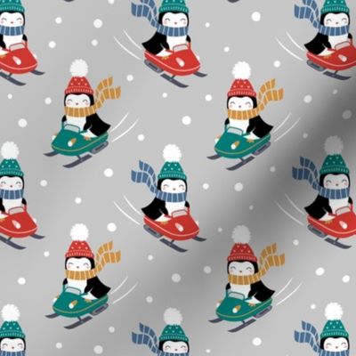 Penguins on Snowmobile / Light Grey / Small Scale