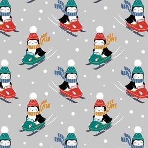 Penguins on Snowmobile / Light Grey / Small Scale