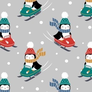 Penguins on Snowmobile / Light Grey / Large Scale