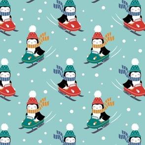 Penguins on Snowmobile /  Light Blue /  Small Scale