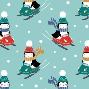 Penguins on Snowmobile / Light Blue / Large Scale