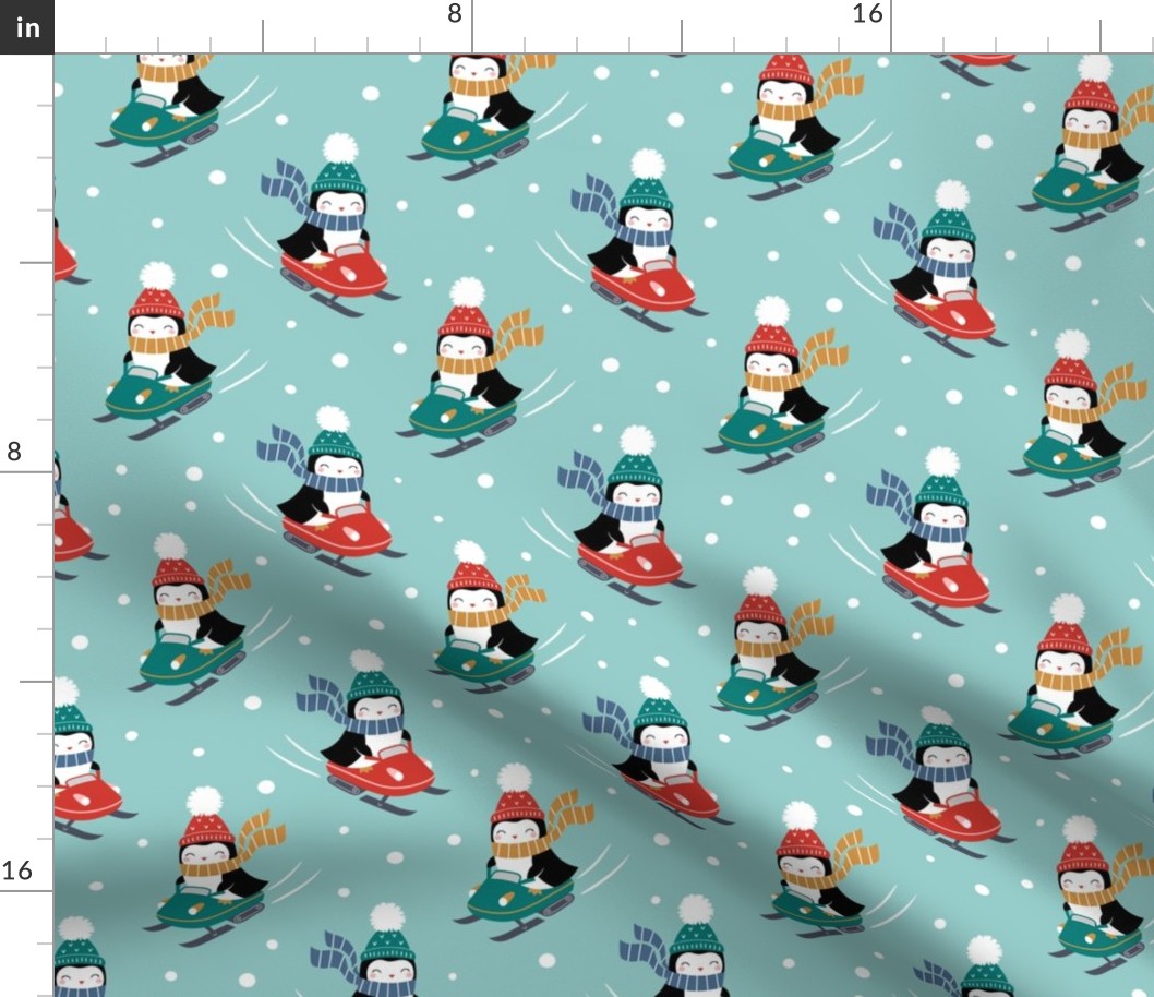 Penguins on Snowmobile / Light Blue / Large Scale