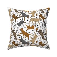 Trotting Bull Terriers colored and paw prints - white