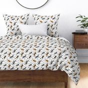 Trotting Basenjis and paw prints - white