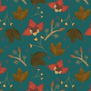 Fall Leaves and Acorns on Teal // 4x4