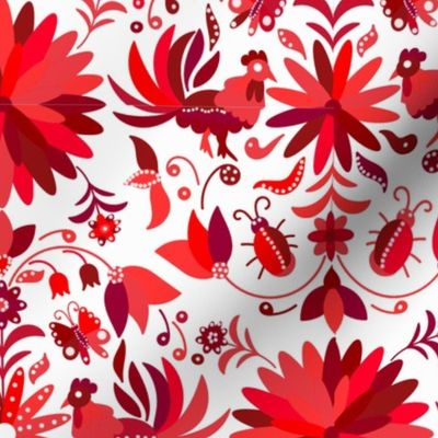 Bugs and Chickens Mexican Otomi Reds on White