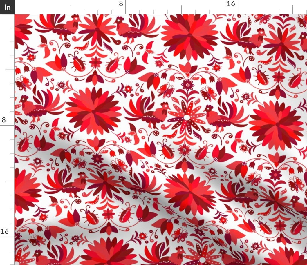 Bugs and Chickens Mexican Otomi Reds on White