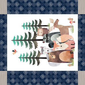 42”x36” Panel – Woodland Critters Blanket, Nursery Bedding, Bear Moose Wolf Raccoon Fox Pine Trees