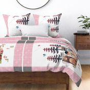 54”x36” MINKY Panel – Pink Woodland Critters Blanket, Nursery Bedding, Bear Moose Wolf Raccoon Fox Pine Trees, FABRIC REQUIRED IS 54” or WIDER