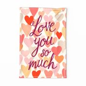Love you so much hearts FQ tea towel in red by Pippa Shaw