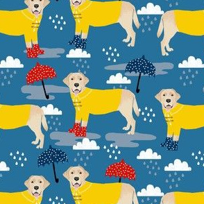 yellow lab rain fabric - umbrella fabric, rain boots fabric, rain fabric, yellow labrador fabric -  medium blue