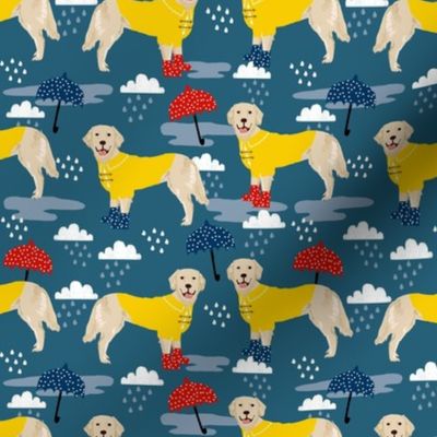 golden retriever dog rain fabric - umbrella, rain boots, wellingtons, wellies, dog, dogs, dog breed, april showers - dark blue